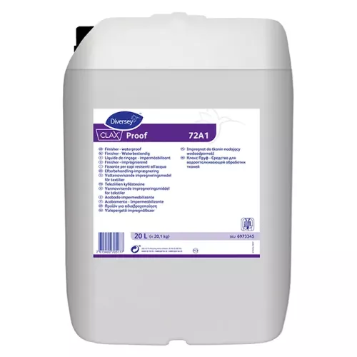 Diversey Clax Proof 72A1 20 L – impregneringsmedel för professionell textilvård med vattenavvisande formula som bevarar tygernas funktion men ger långvarigt skydd mot fukt och smuts, anpassad för industriella tvätterimiljöer