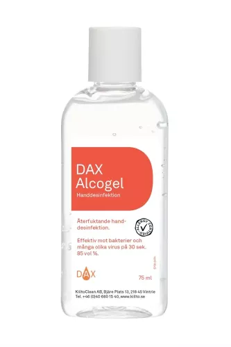 DAX Alcogel 75 ml alkoholbaserad handdesinfektion i kompakt reseformat med snabbverkande effekt och återfuktande formula, idealisk för hygienisk handdesinfektion i fickan, på resan och i offentliga miljöer