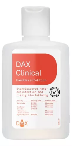 DAX Clinical handdesinfektion 150 ml alkoholbaserad desinfektionslösning i smidig fickstorlek med bred effekt mot bakterier, virus och svamp, idealisk för hygienisk handdesinfektion på språng inom vård, arbete och offentliga miljöer