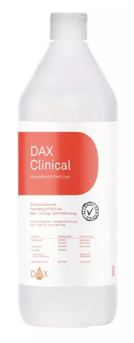 DAX Clinical handdesinfektion 1 liter alkoholbaserad desinfektionslösning med bred antimikrobiell effekt mot bakterier, virus och svamp, anpassad för professionell hygien inom vård, livsmedelshantering och offentliga miljöer