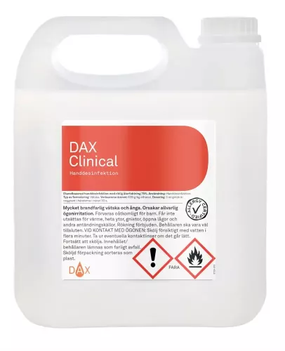 DAX Clinical handdesinfektion 4 liter alkoholbaserad desinfektionslösning med dokumenterad effekt mot bakterier, virus och svamp, utvecklad för hög hygienstandard inom vård, livsmedel och professionella miljöer