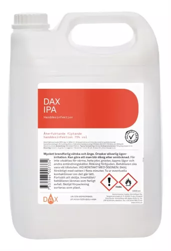 DAX IPA handdesinfektion 5 liter alkoholbaserad handdesinfektion med snabbverkande effekt mot bakterier och virus, lämplig för hygienisk handrengöring inom vård, livsmedel och offentliga miljöer