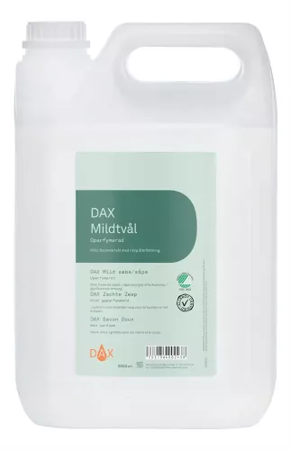 DAX mildtvål oparfymerad 5 liter extra skonsam flytande handtvål utan parfym, utvecklad för känslig hud med effektiv rengöring vid frekvent handtvätt i vård, omsorg och professionella hygienmiljöer