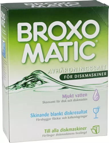 Broxo Matic diskmaskinsalt – effektivt avhärdningssalt för professionella diskmaskiner  Diskmaskinsalt från Broxo Matic – skyddar maskinen mot kalk och förbättrar diskresultat