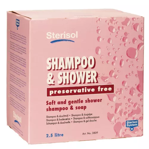 Dispenser Sterisol Shampoo & Body – hygienisk väggdispenser för duschtvål och schampo i refillförpackning, idealisk för omklädningsrum och vårdmiljöer