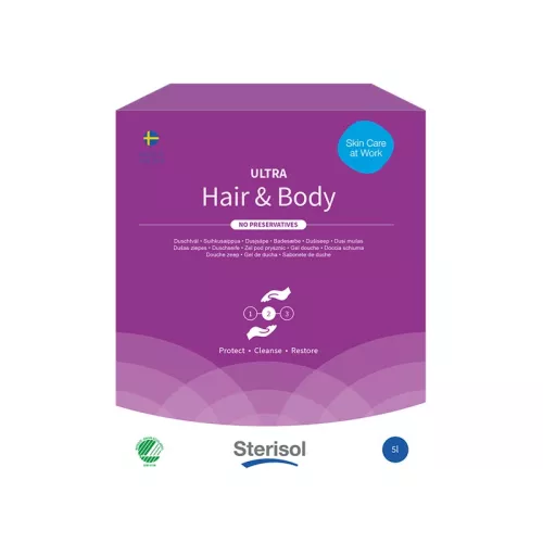 Dispenserdusch & tvål Sterisol Ultra Hair & Body 5L – parfymfri och hudvänlig 2-i-1-duschtvål för kropp och hår, passar Sterisol-system