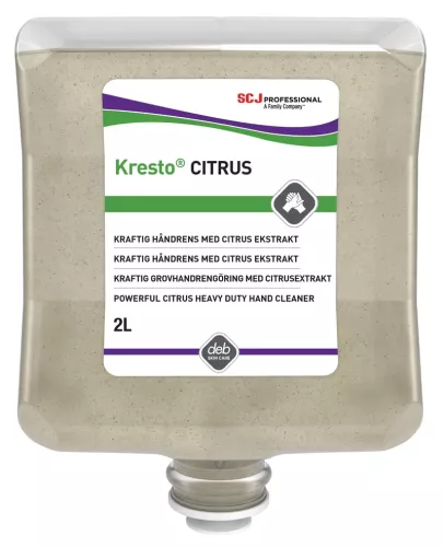 Deb Kresto Citrus Wash dispenser 2 liter – robust tvåldispenser för citrusbaserad handrengöring med hygienisk och kontrollerad dosering vid frekvent användning i verkstäder, industrimiljöer och yrkesmiljöer där effektiv borttagning av olja, fett