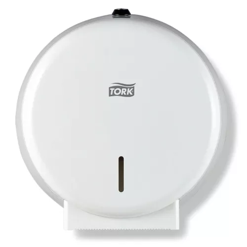 Tork Mini Jumbo T2 dispenser vit – väggmonterad toalettpappershållare för små jumborullar  Vit Tork T2 dispenser – kompakt och hygienisk hållare för Mini Jumbo-toalettpapper i offentliga toaletter