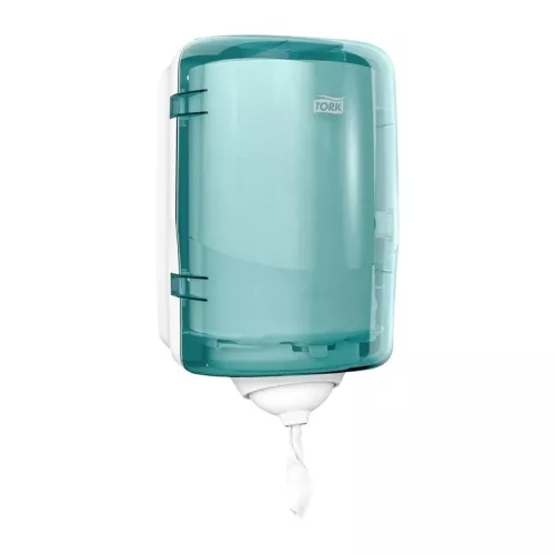 Tork M3 Reflex Mini dispenser turkos – kompakt och hygienisk pappershållare för centrummatade rullar  Turkos Tork Reflex Mini M3 dispenser – väggmonterad hållare för kontrollerad pappersutmatning