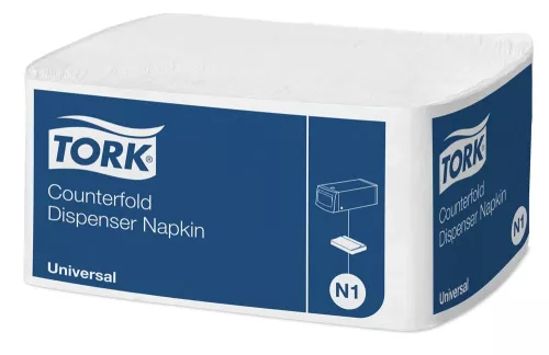 Tork Counterfold dispenserservett N1 vit – mjuka och hygieniska dispenserservetter med counterfold-vikning för smidig arkmatning och kontrollerad förbrukning i restauranger, caféer och serveringsmiljöer, utvecklade för professionell