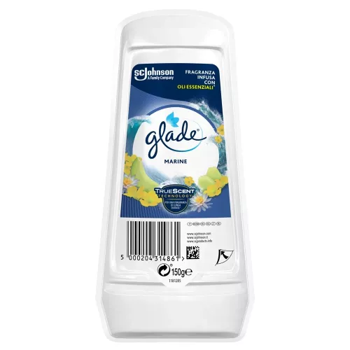 Doftblock Glade Solid Gel Marine 150 g – fräsch havsdoft i geléform för långvarig luktförbättring i badrum och andra små utrymmen