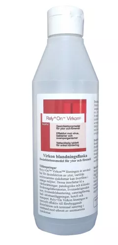 Tom doseringsflaska märkt Virkon, genomskinlig plastflaska med skruvkork och doseringsmarkeringar