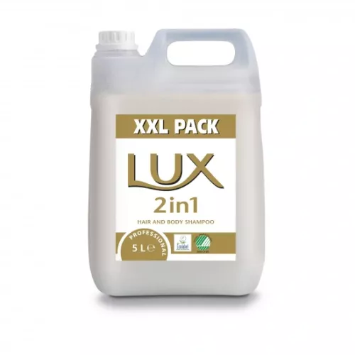 Lux Pro Formula 2-in-1 duschcreme 5L – kombinerad hår- och kroppstvål för professionell användning  5 liters Lux duschtvål 2-in-1 – Pro Formula duschgel för hotell, gym och vårdmiljöer