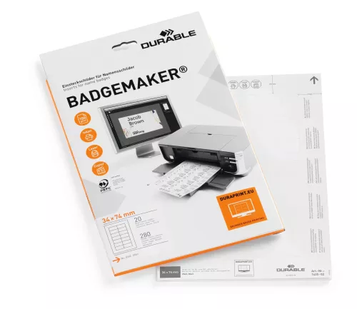 Etiketter Badgemaker 34x74 mm – praktiska etiketter för enkel utskrift av namnskyltar och märkning