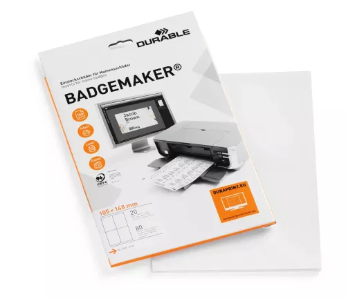 Etiketter Badgemaker A6 på A4-ark – praktiska etiketter för enkel utskrift av namnskyltar och badges i A6-format