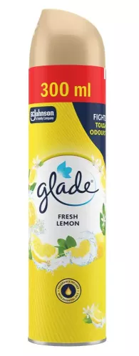 Glade Lemon luftfräschare 300 ml aerosol med frisk citrusdoft som effektivt neutraliserar dålig lukt och ger en långvarig fräsch känsla, idealisk för hem, toaletter, kontor och offentliga miljöer