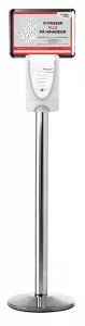 Golvstativ med toppskylt – stabil lösning för touchfree-dispenser, idealisk för entréer och publika miljöer där handdesinfektion behövs
