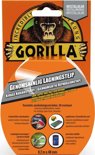 Gorilla genomskinlig lagningstejp 8,2 m x 48 mm – kristallklar och extremt slitstark reparationstejp med stark vidhäftning och väderbeständig konstruktion för diskreta lagningar på plast, glas, metall och tyg, anpassad för reparationer i hem, fordon
