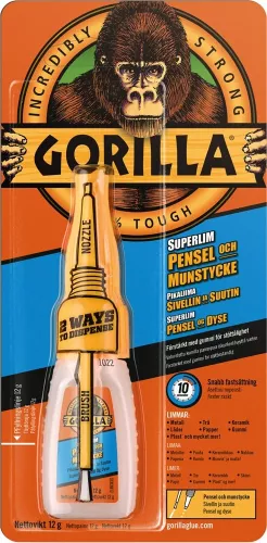 Gorilla Superlim 12 g med pensel och precisionsmunstycke – starkt snabblim för exakt applicering på olika material