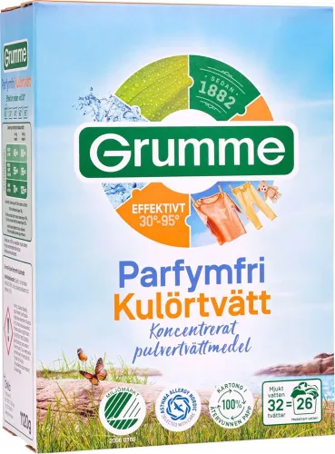 Grumme kulörtvätt oparfymerad 1120 g – tvättmedel från svenskt varumärke med mild och oparfymerad formula för färgade textilier som bevarar färger och fibrer men ger effektiv rengöring, anpassat för daglig tvätt i hemmet