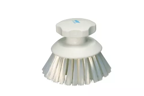 Vikan rund handborste 11 cm i vit plast med hårda borst, ergonomiskt grepp för kraftfull manuell rengöring i hygieniska miljöer