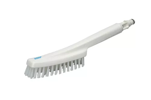 Vikan handborste 33 cm i vit plast med vattenmatning genom borsthuvudet, idealisk för rengöring av fordon och utrustning