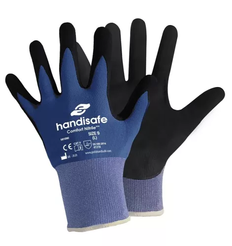 HandiSafe Comfort nitril monteringshandske L storlek 9 – arbetshandskar i nitrilbelagd nylon för precisionsarbete med slitstark konstruktion, hög flexibilitet och bra grepp, för montering, bygg och industriella arbetsmiljöer