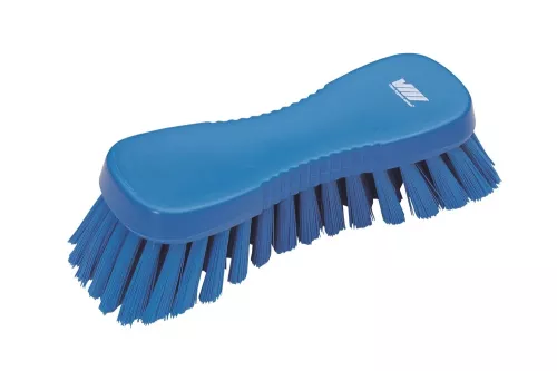 Blå Vikan-borste med hård borst används för skrubbning av hårda ytor i hygienutrymmen