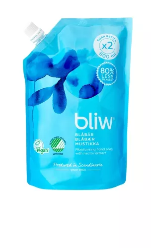 Bliw handtvål refill blåbär 600 ml – mild och väldoftande tvål med nordisk blåbärsdoft