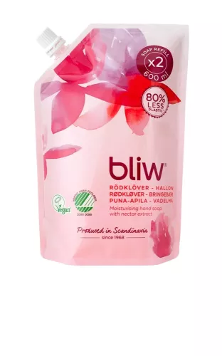 Bliw handtvål refill 600 ml – Rödklöver & Hallon med mild och fruktig doft  Refillpåse med Bliw flytande handtvål – Rödklöver & Hallon 600 ml för skonsam handtvätt