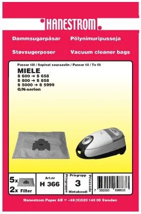 Haneström Miele S5000–S5999 dammsugarpåsar 5-pack – original engångs dammsugarpåsar i slitstarkt material med pålitlig filtrering för jämn sugkraft och effektiv dammuppsamling, utvecklade för Miele dammsugare i hushåll och daglig städning