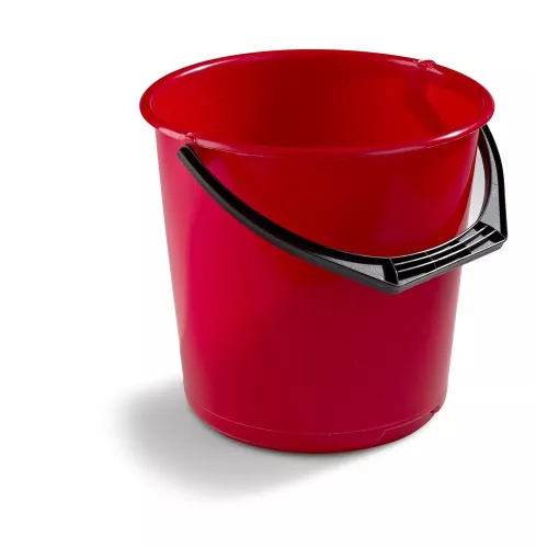 Nordex rund hink 10 liter i röd plast med hällpip och bärhandtag, avsedd för städ- eller saneringsbruk