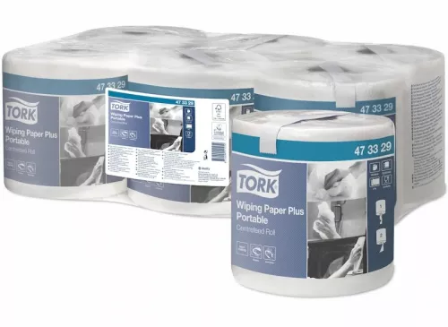 Tork Avtorkningspapper Plus Advanced M2 6-pack – vitt 2-lagers industripapper med hög absorption och slitstark kvalitet som ger effektiv avtorkning av händer, glas och ytor vid daglig rengöring, anpassat för verkstäder, kök, hygienutrymmen