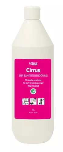 Kalkborttagning Activa Cirrus 1L – effektivt surt rengöringsmedel för borttagning av kalk, rost och oxidbeläggningar i våtutrymmen och kök