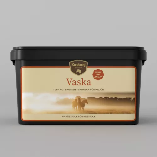 Kastanj Vaska 4,5 kg – tvättmedel för hästtäcken och stalltextilier med skonsam men effektiv rengöring, avlägsnar smuts och lukt samtidigt som materialet bevaras, utvecklat för stall och djurmiljöer