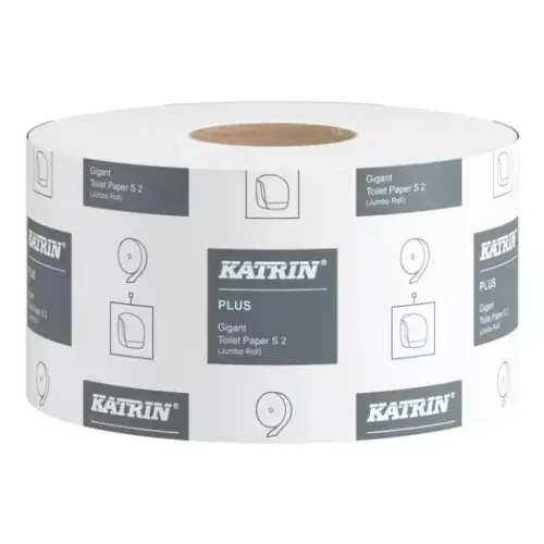 Katrin Plus Gigant S toalettpapper 2-lagers 12 rullar à 160 meter med mjuk och absorberande kvalitet, kompakt storformat med hög kapacitet, anpassat för dispenser och hygienisk användning i toaletter, kontor