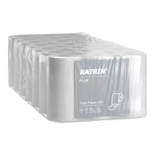 Katrin Plus toalettpappersrulle 285 ark 3-lagers med extra mjuk och högabsorberande kvalitet, ger komfort och effektiv förbrukning, anpassad för dispenser och hygienisk användning i toaletter, kontor och offentliga miljöer