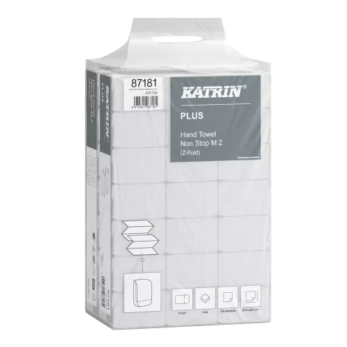 Katrin Plus Z-fold pappershanddukar Non Stop Medium 135 ark med mjuk och absorberande kvalitet, vikta för jämn dispensermatning och hygienisk handtorkning i toaletter, kontor och offentliga miljöer