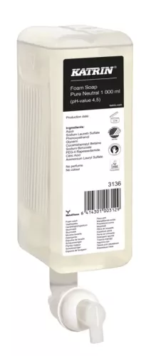 Katrin skumtvål Pure Neutral 1000 ml frontvy i hygienisk refillförpackning med parfymfri och extra skonsam formula, bildar ett mjukt och krämigt skum som rengör effektivt utan att torka ut huden, optimal för frekvent handtvätt i vård