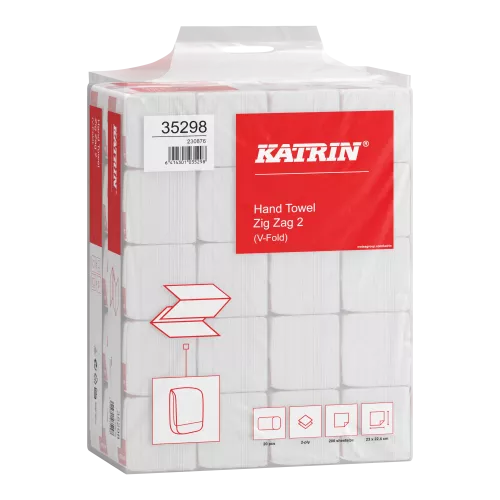 Katrin V-fold pappershanddukar Zig Zag 200 ark 2-lagers i handy pack med god absorptionsförmåga och slitstark kvalitet, vikta för smidig dispensermatning och hygienisk handtorkning i toaletter, kontor och offentliga miljöer