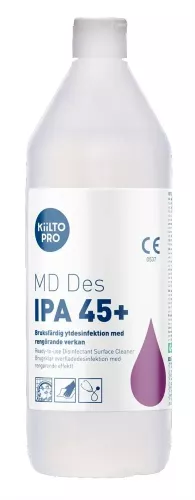 Kiilto Pro MD Des IPA 45% 1 liter ytdesinfektion alkoholbaserad desinfektionslösning för effektiv rengöring av känsliga och hårda ytor, snabbverkande mot bakterier och virus, lämplig för vård, medicinska miljöer och professionell hygien