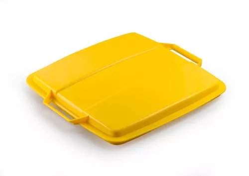 Gult lock till Durable Durabin 90L kvadratisk tunna, tillverkat i slitstark plast med gångjärnsdel och greppvänliga kanter för effektiv avfallshantering