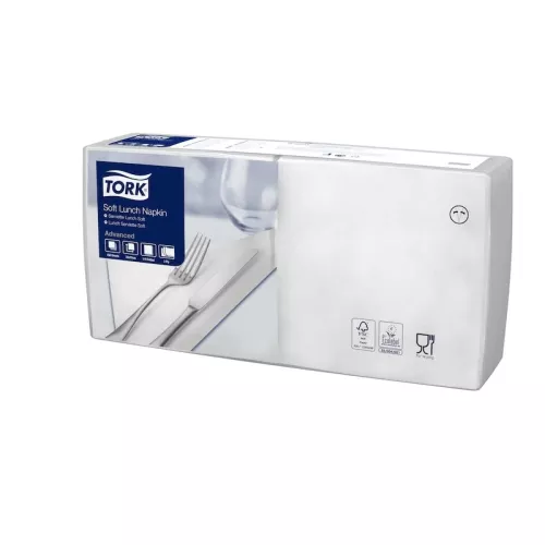 Lunchservett Tork Mjuk Advanced vit 33×33 cm – mjuk och absorberande 1/8-vikt pappersservett för hygienisk dukning i lunchservering och storkök