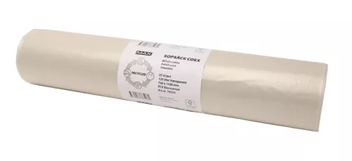 Max Prima sopsäck Coex 125L transparent – extra stark avfallssäck med hög slitstyrka, idealisk för tungt och skrymmande avfall
