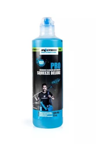 Moerman PRO Squeeze Deluxe 500 ml – professionellt fönsterputsmedel med smart doseringsflaska för enkel applicering direkt på tvättpäls vid effektiv rengöring av glasytor, utvecklat för streckfri och glansig finish med biologiskt nedbrytbar formula