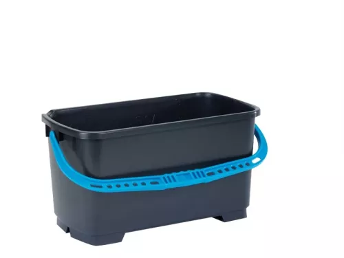 Moerman PROFI Bucket 22 L – rektangulär fönsterputshink i slitstark svart Heavy Duty-plast med turkost ergonomiskt handtag och hörnavloppskanal som rymmer hela pälshållare upp till 45 cm vilket ger smidig hantering och enkel tömning