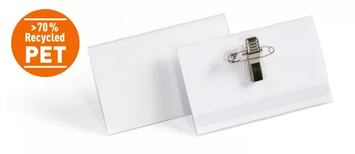 Namnskylt rPET 54x90 mm med nål och klämma – hållbar badge för namnskyltar med flexibel fästning