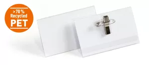 ​Namnskylt rPET 54 × 90 mm med nål och klämma – Transparent (50 st)