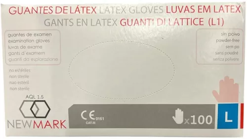 New Mark latexhandske opudrad L – engångshandskar i smidigt latexmaterial utan puder med flexibel och bekväm passform för ren och säker användning, ger bra grepp, skonsam mot huden och skyddar mot väta och smuts, utvecklade för vård