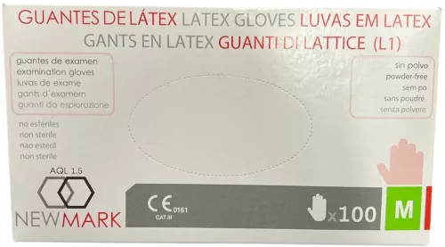New Mark latexhandske opudrad M – engångshandskar i smidigt latexmaterial utan puder med bekväm passform för hygienisk användning som ger säkert grepp, skonsam mot huden och skyddar mot väta och smuts, anpassade för vård, livsmedel